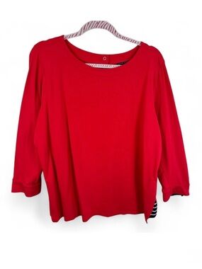 Susan Graver Weekend Red 3/4 Sleeve Top Striped‎ Trim Back Snaps XL